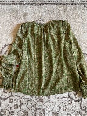 NWT Olive Green Paisley Ruffle-Shoulder Blouse